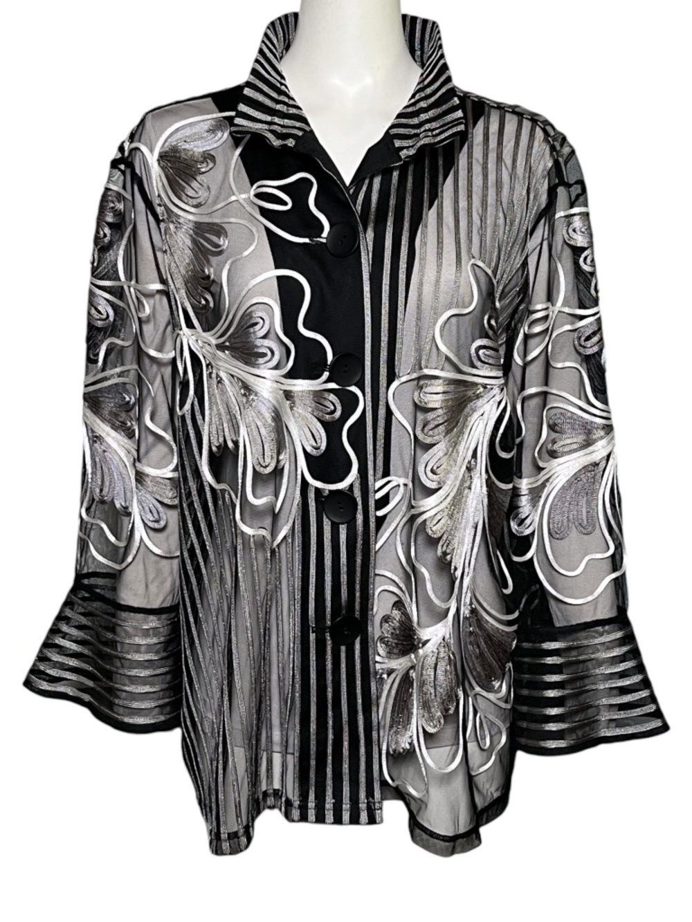 Ali Miles 1X Sheer Mesh Tunic Art To Wear Floral Jacket Top Wire Collar - Picture 2 of 10